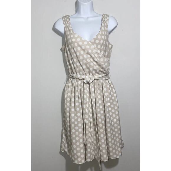 EUC Express Size 8 Champagne Polka Dot Satin Lined Fit & Flare Dress W/Pockets - Picture 1 of 16